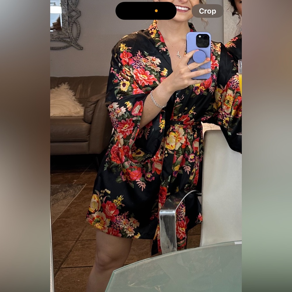 Floral Black satin robe